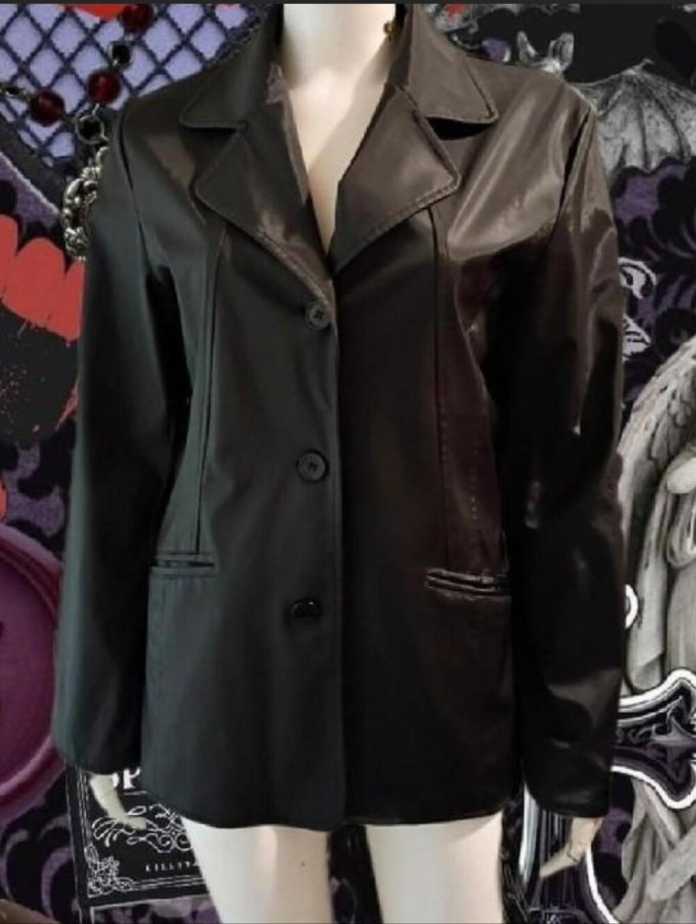 Y2K Rave Gothic Style Black Faux Leather Women's Button Up Jacket